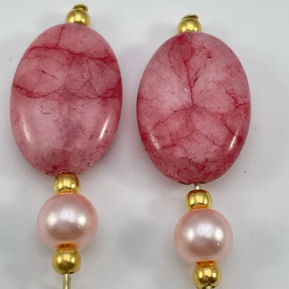 18K Gold Plated Pink Quartz Pink Glass Pearl Beaded Dangle Earrings Boho Cute